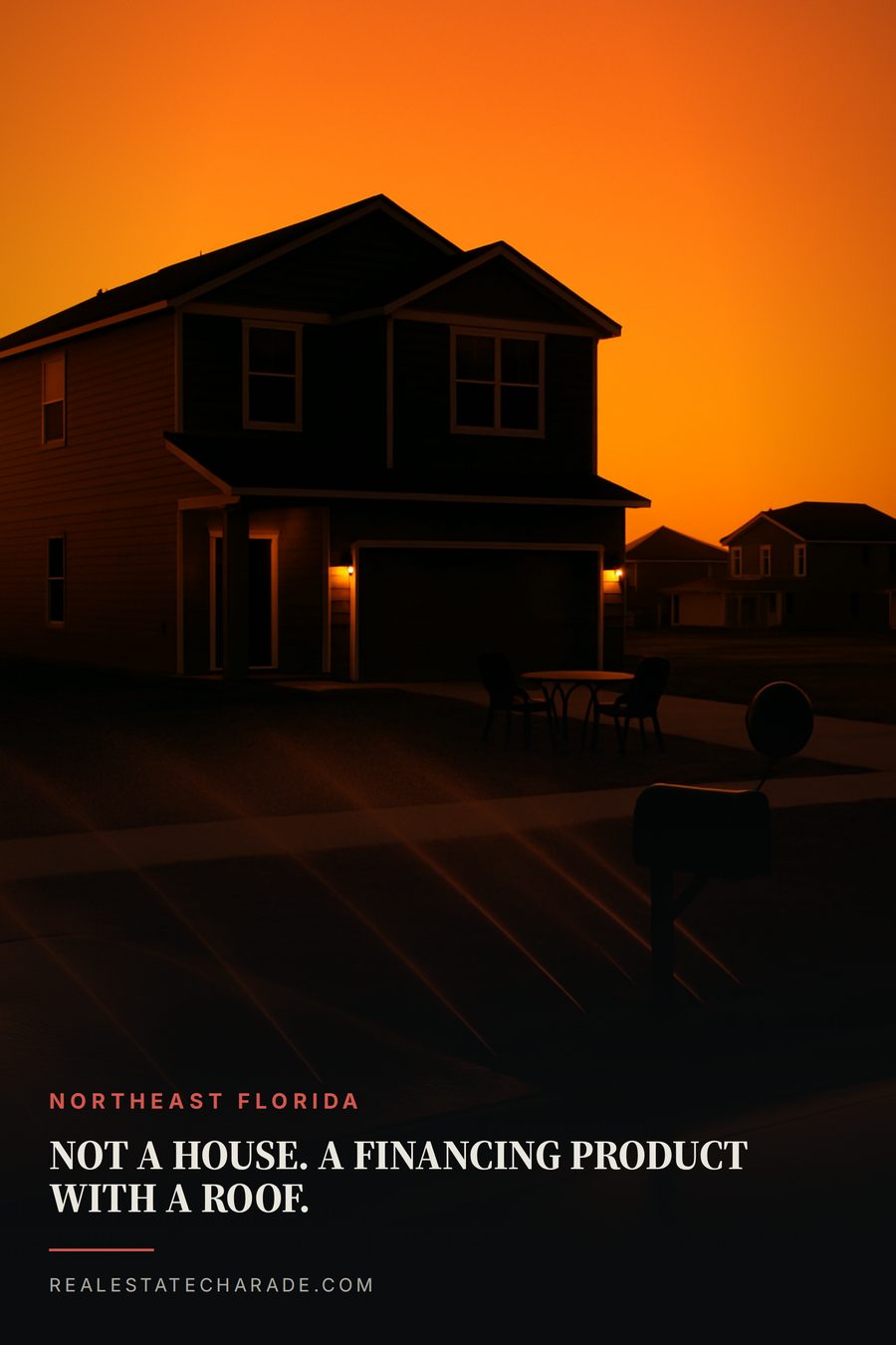 A new two-story house on a bare dirt lot at dusk, sprinklers soaking an empty sidewalk, a folding table and two empty chairs in the driveway. Text reads: Not a house. A financing product with a roof. Northeast Florida.