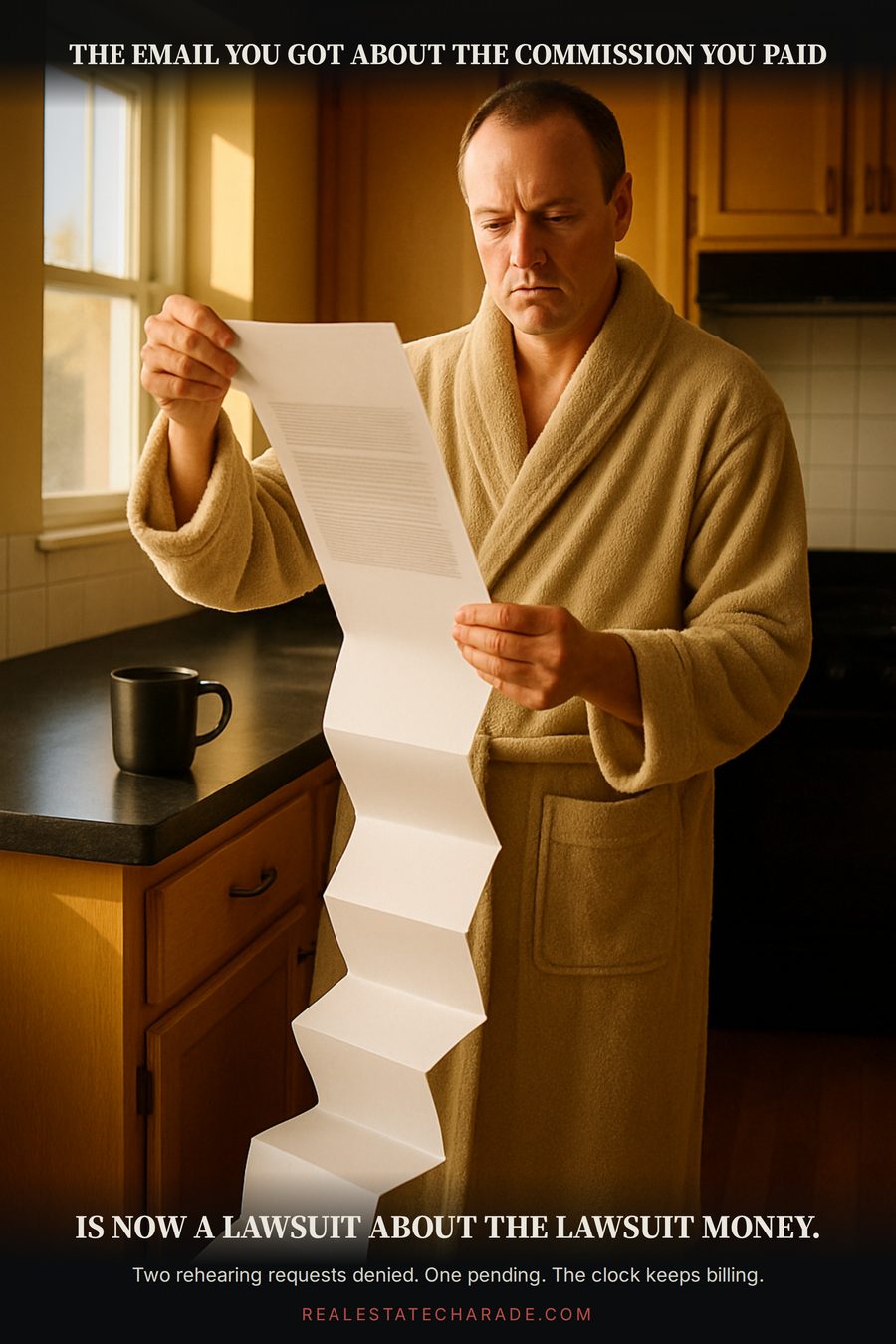 Meme image of a person in a bathrobe in a kitchen holding a long accordion of legal fine print trailing to the floor. Top caption refers to the email about the commission you paid. Bottom caption says it is now a lawsuit about the lawsuit money.