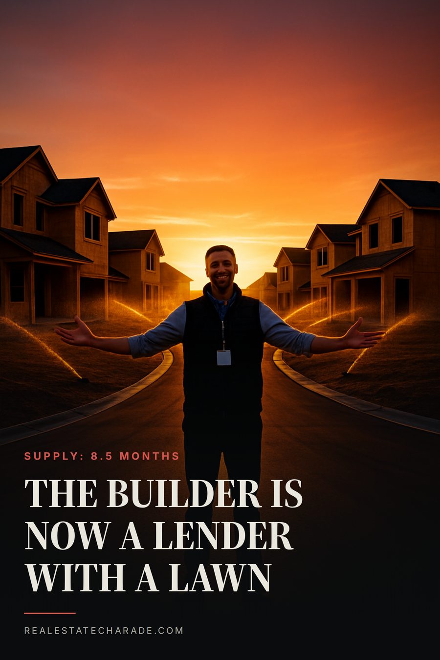 Poster. Photo of a salesperson in a vest standing with arms open in an empty cul-de-sac of half-finished houses at dusk with sprinklers running on dirt yards. Headline across the bottom reads: The builder is now a lender with a lawn. Small kicker: Supply, 8.5 months.