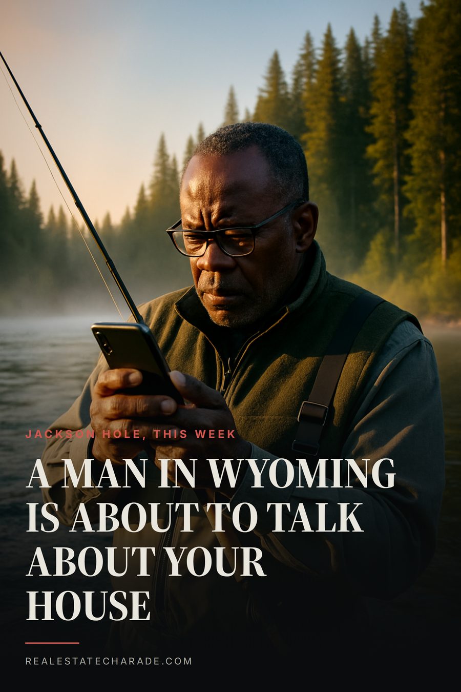 A man in fly-fishing waders and a fleece vest stands waist-deep in a mountain river, staring hard at his phone. Headline: a man in Wyoming is about to talk about your house.