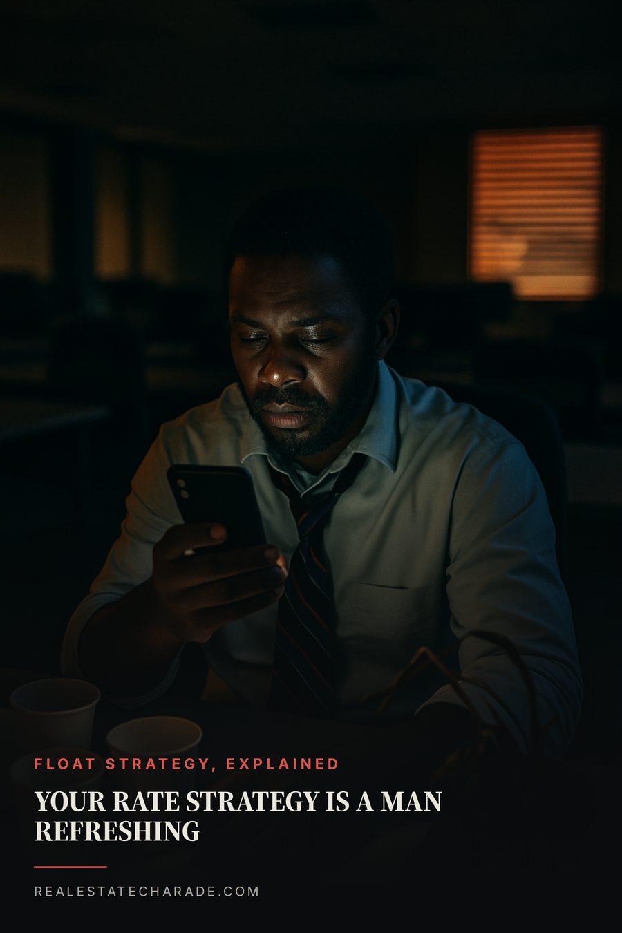 A tired loan officer sits alone in a dark empty office at dusk, lit only by the phone he is refreshing. Headline across the bottom reads 'YOUR RATE STRATEGY IS A MAN REFRESHING' with a small kicker reading 'Float strategy, explained.'