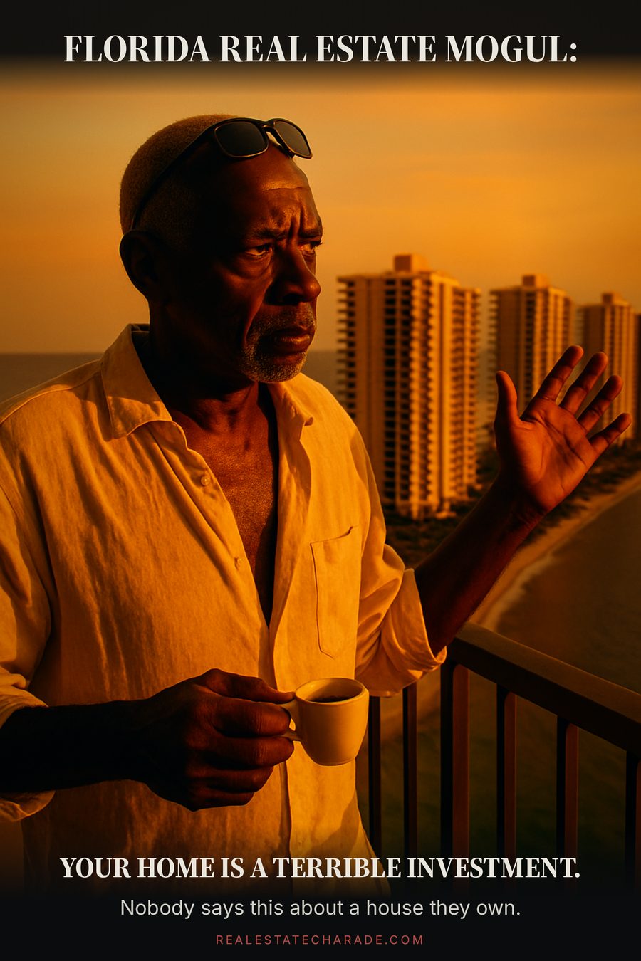 Meme image of a tanned man in a linen shirt on a Florida condo balcony gesturing at identical towers behind him. Text above reads Florida real estate mogul; text below reads your home is a terrible investment, with a line noting nobody says this about a house they own.