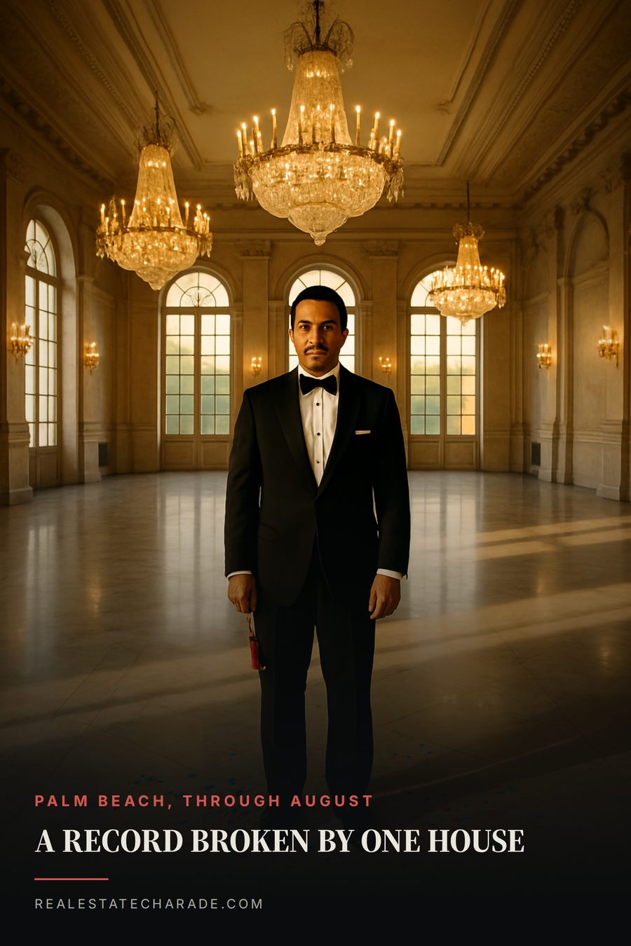 A man in a tuxedo stands alone in a vast empty marble ballroom holding a spent party popper, with confetti on the floor. Text reads: a record broken by one house. Kicker: Palm Beach, through August.