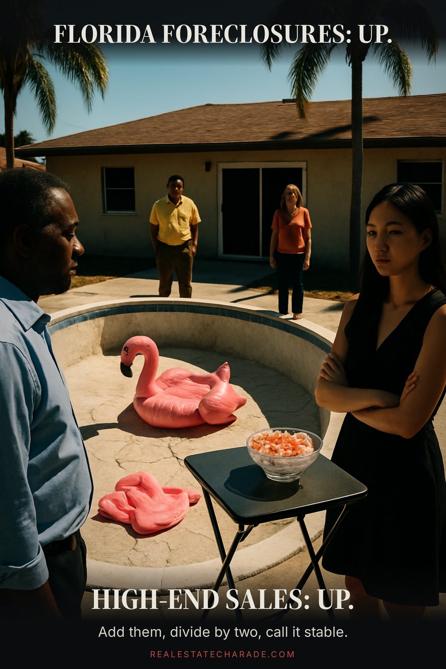 A drained backyard swimming pool behind an empty stucco house with a deflated flamingo float on the bottom and a folding table of shrimp cocktail set up beside it. Caption above says Florida foreclosures are up, caption below says high-end sales are up, with a line reading add them, divide by two, call it stable.
