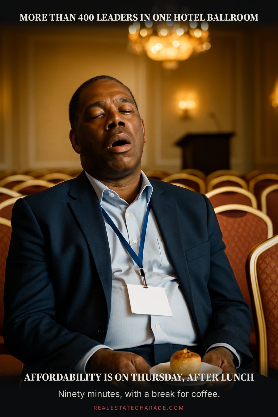 A man in a blazer and conference lanyard asleep upright in a gilt hotel ballroom chair with a pastry balanced on his knee. Caption above reads more than 400 leaders in one hotel ballroom; below, affordability is on Thursday, after lunch.