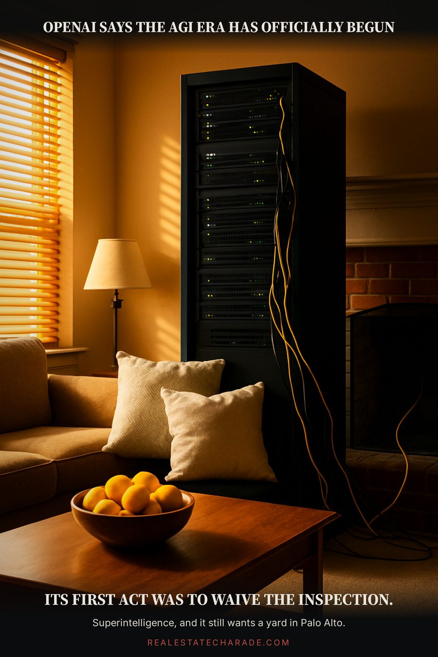 A staged living room where a humming black server rack stands in place of the sofa, with a throw blanket draped over it and a bowl of lemons nearby. Caption above says OpenAI says the AGI era has officially begun. Caption below says its first act was to waive the inspection.