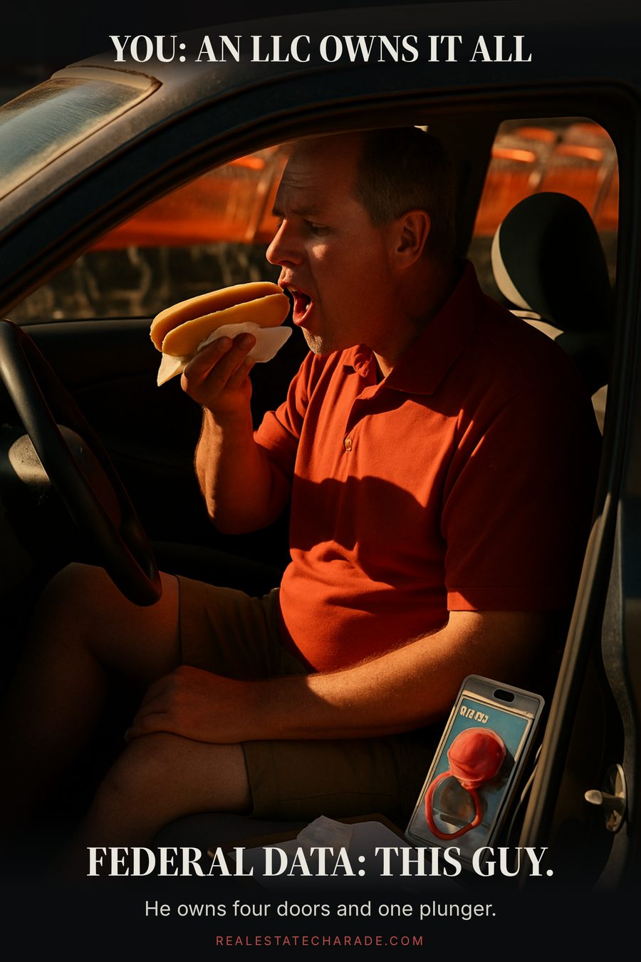 Seen through a windshield, a middle-aged man in a polo eats a hot dog in his car in a hardware store parking lot with a toilet flapper on the passenger seat. Caption above: You, an LLC owns it all. Below: Federal data, this guy.