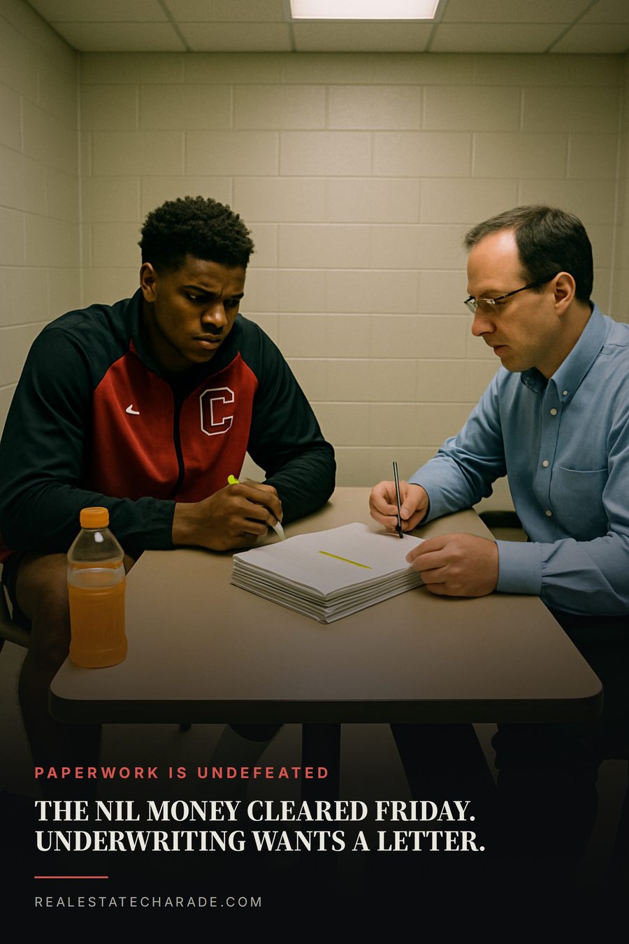 Poster: a college-aged athlete in a warm-up jacket sits across a kitchen table from a loan officer behind a tall stack of paperwork. Headline reads: The NIL money cleared Friday. Underwriting wants a letter.