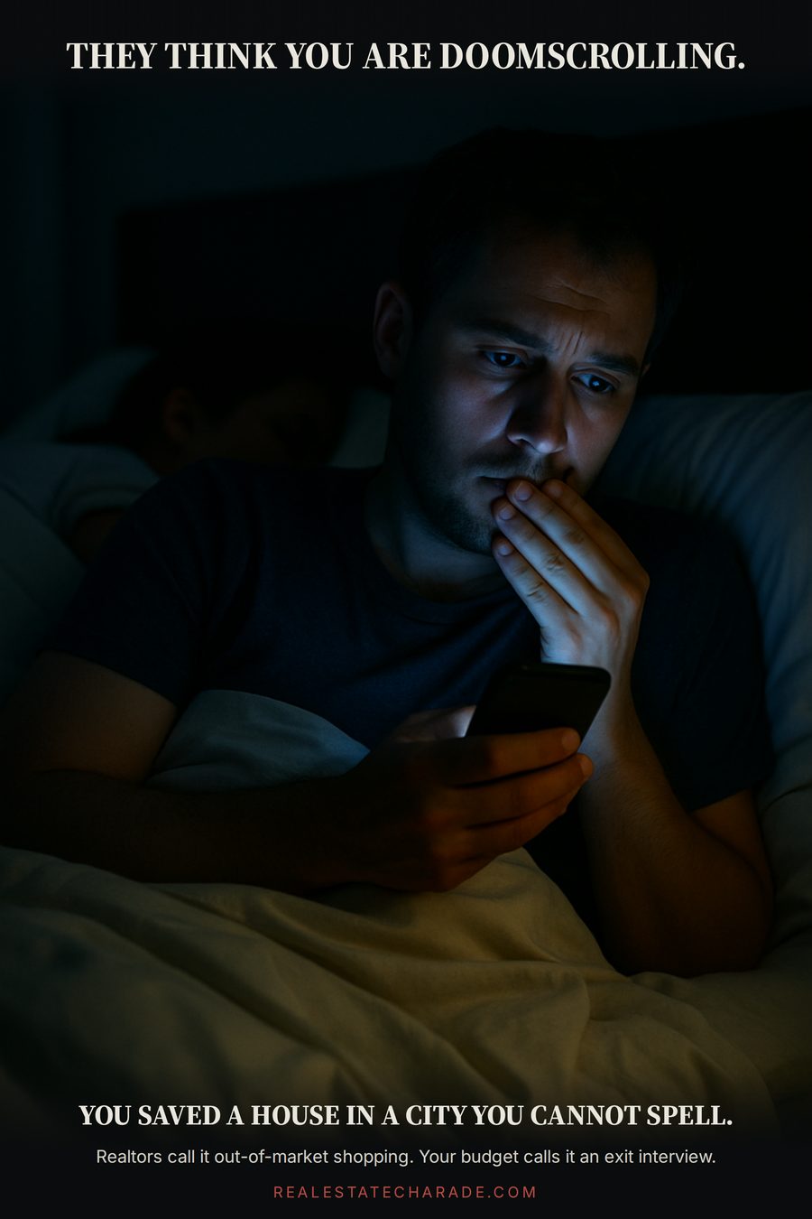 Meme photo of a person lying awake in a dark bedroom hiding a glowing phone from a sleeping partner. Caption above: they think you are doomscrolling. Caption below: you saved a house in a city you cannot spell.