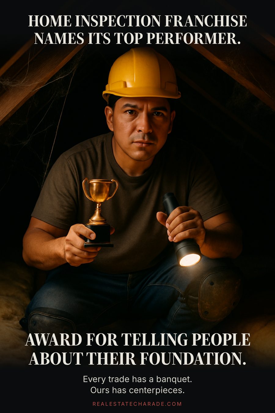 A person in a hard hat crouched in a dusty attic crawlspace holding a small gold trophy and a flashlight. Caption above says a home inspection franchise names its top performer. Caption below says the award is for telling people about their foundation.