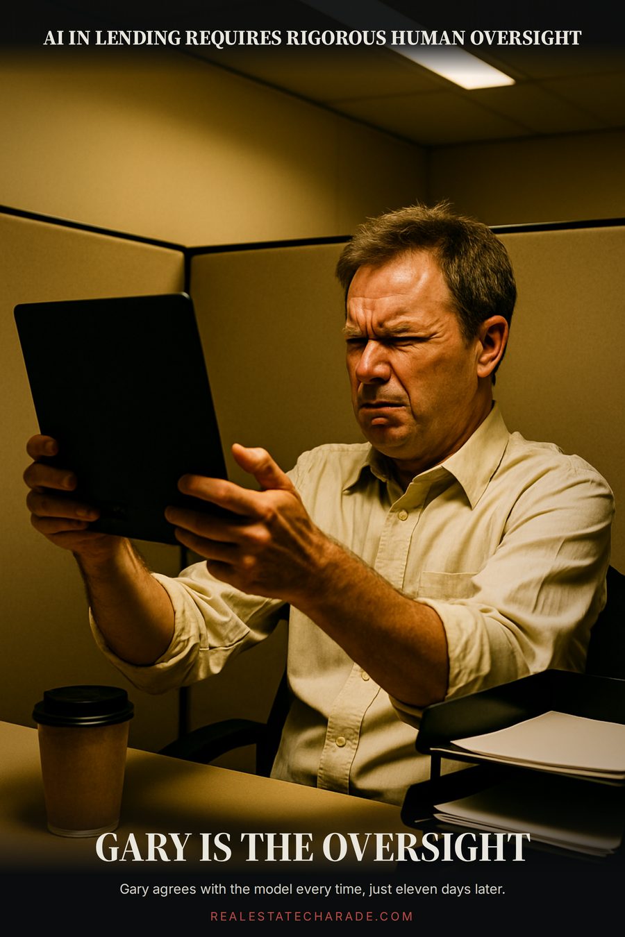 Meme graphic: a tired man in a cubicle holding a laptop at arm's length like it might bite him. Caption above reads that AI in lending requires rigorous human oversight; caption below reads that Gary is the oversight, with a smaller line noting Gary agrees with the model every time, just eleven days later.