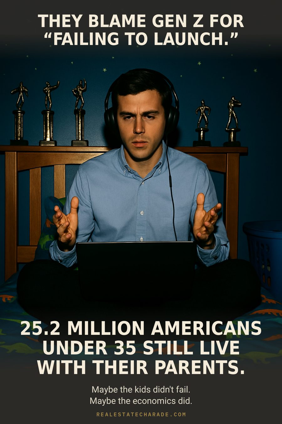 Meme photo of a young man in headphones sitting cross-legged on a childhood bed with dinosaur-print sheets, a laptop open in front of him and both hands raised in a shrug. Gymnastics trophies line the headboard shelf behind him and a glow-in-the-dark star ceiling shows above. Headline: They blame Gen Z for "failing to launch." Lower text: 25.2 million Americans under 35 still live with their parents. Closing line: Maybe the kids didn't fail. Maybe the economics did.