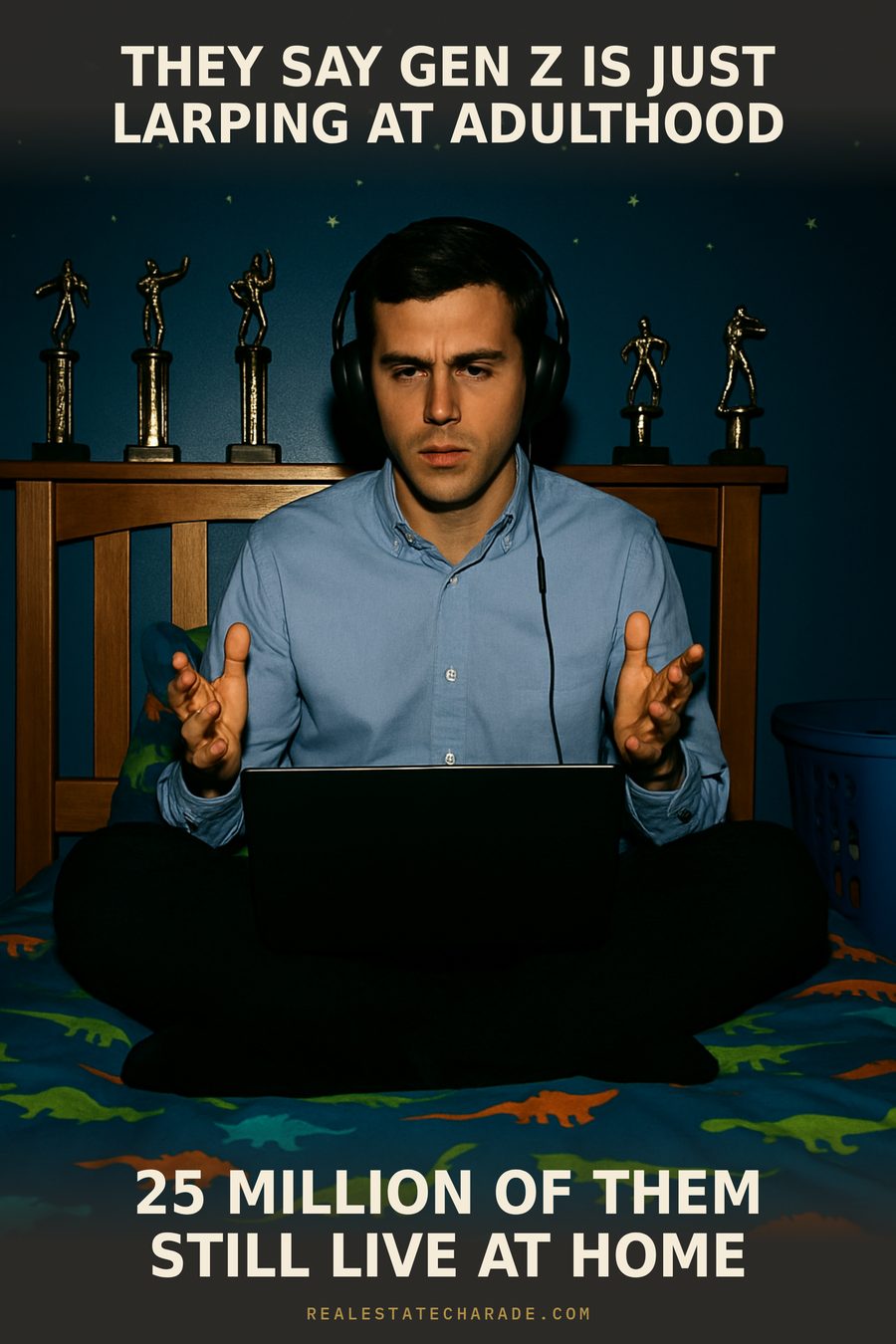Meme photo of a man in his late twenties on a video call while sitting on a childhood bed with dinosaur sheets, captioned They say Gen Z is just larping at adulthood over 25 million of them still live at home.