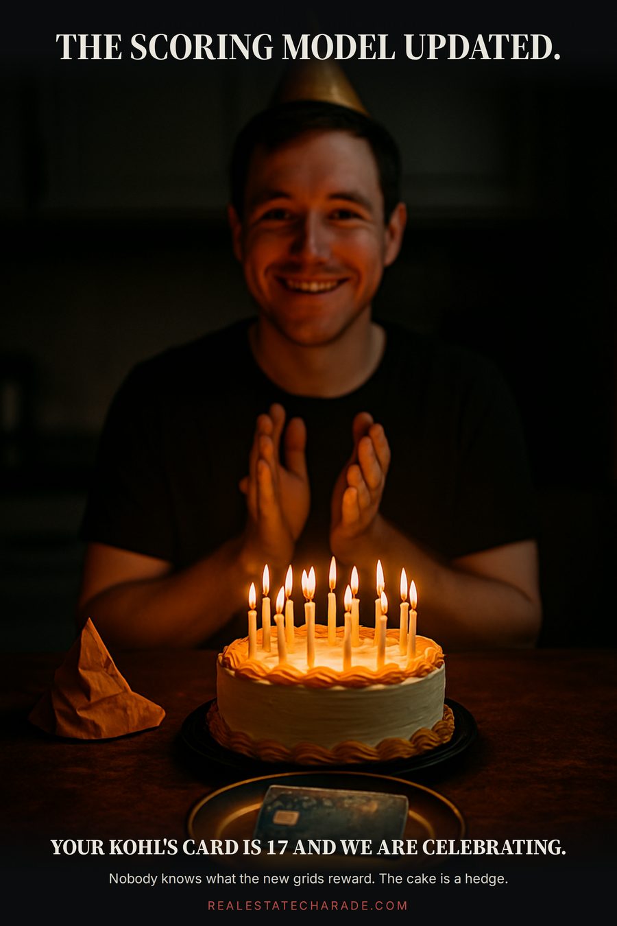A small birthday cake with seventeen lit candles on a kitchen counter, with a worn credit card sitting on a plate in front of it and a person in a party hat clapping behind. Caption above reads The scoring model updated, caption below reads Your Kohl's card is 17 and we are celebrating.