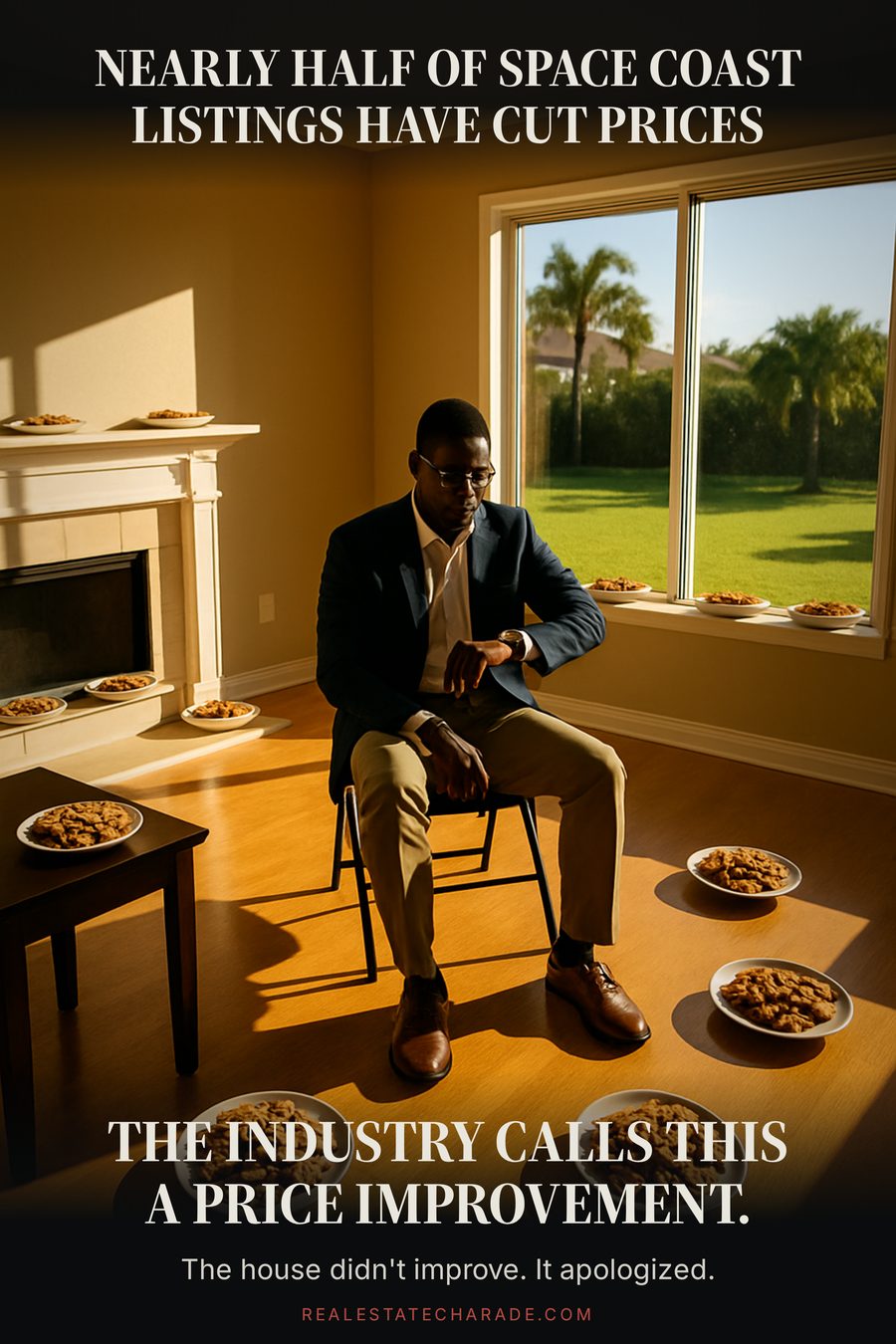 Meme photo of a real estate agent sitting alone on a folding chair in an empty staged living room surrounded by untouched plates of cookies, captioned about Space Coast price cuts being called a price improvement.