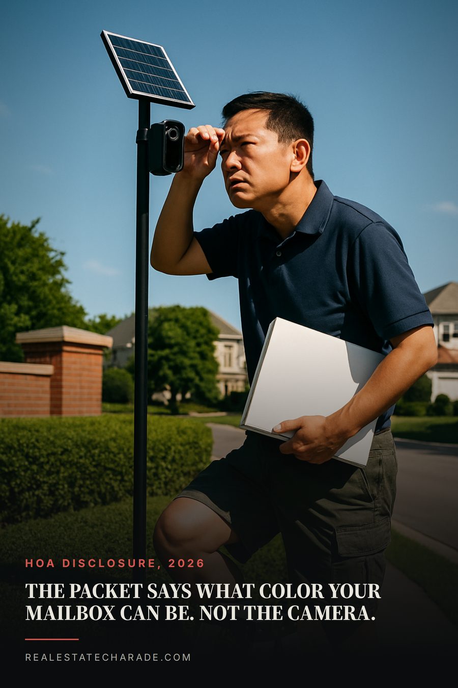 Poster: a man on a stepladder inspects a small camera on a pole at a suburban neighborhood entrance, a binder under his arm. Headline across the bottom reads The packet says what color your mailbox can be. Not the camera. Kicker reads HOA disclosure, 2026.