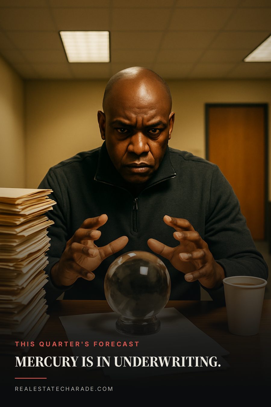 Poster photo of a loan officer in a quarter-zip at an office desk, hands over a crystal ball beside a stack of loan files. Text at the bottom reads 'Mercury is in underwriting.' with a small kicker reading 'This quarter's forecast'.