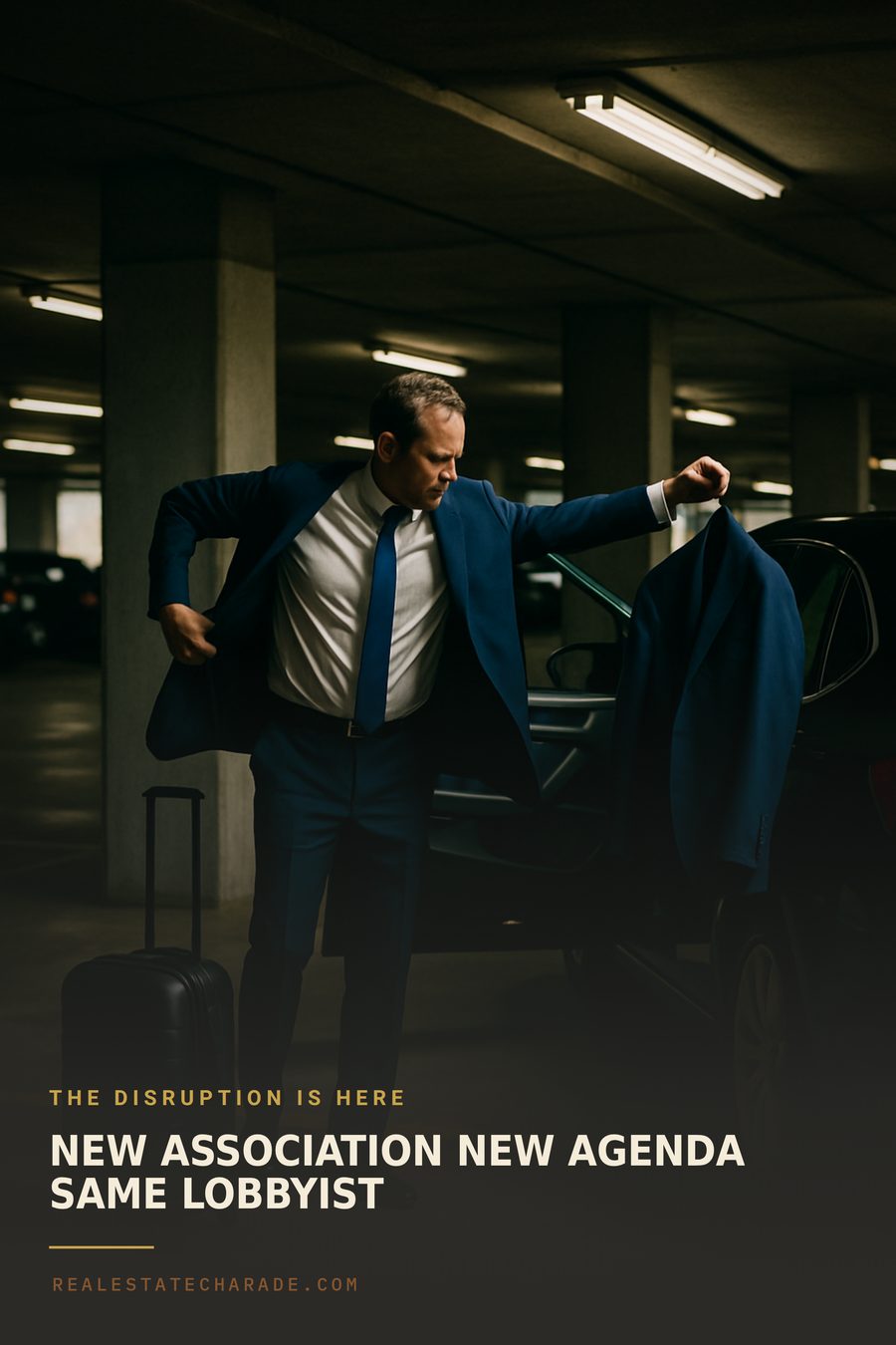Poster: a man in a parking garage changing out of one navy blazer into a second identical navy blazer. Headline reads 'New association. New agenda. Same lobbyist.'