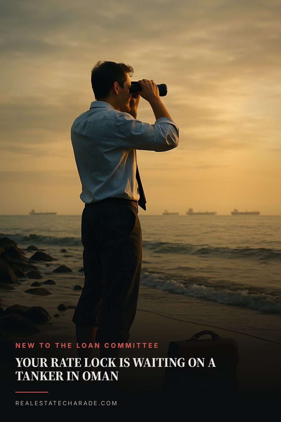 A barefoot loan officer in shirt and tie stands on a rocky shore at dawn with binoculars, briefcase in the sand, distant oil tankers on the horizon. Text: your rate lock is waiting on a tanker in Oman.