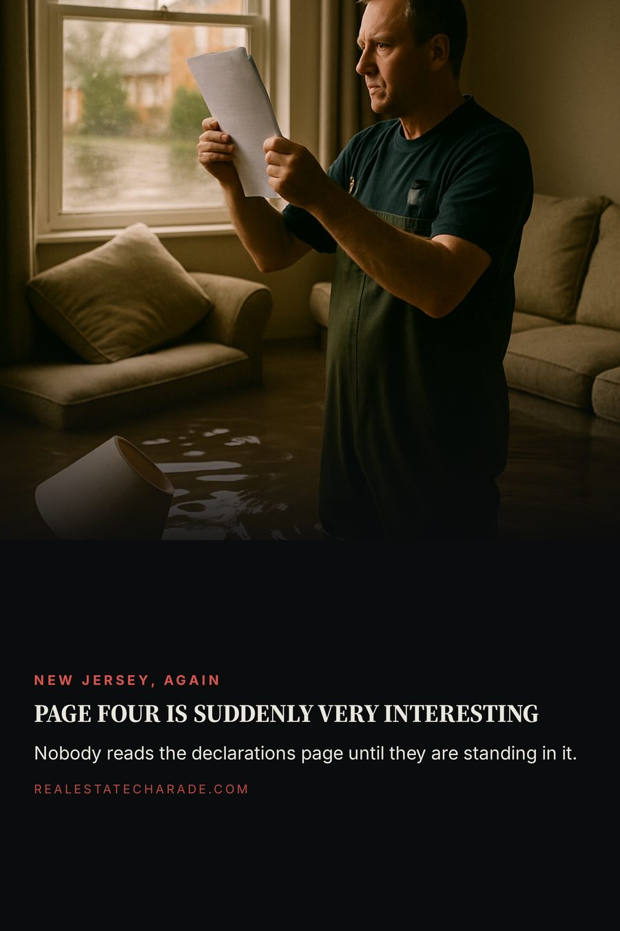 A man in chest waders stands in floodwater inside a suburban living room, calmly reading a thick document. Headline reads page four is suddenly very interesting, with the line nobody reads the declarations page until they are standing in it.