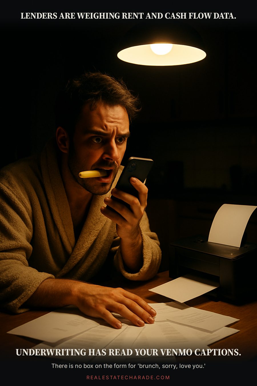 A person in a bathrobe at a kitchen table at 1am, highlighter in their teeth, staring at a phone with dread, bank statements everywhere and a printer still running. Caption above: Lenders are weighing rent and cash flow data. Below: Underwriting has read your Venmo captions. Small line: There is no box on the form for 'brunch, sorry, love you.'