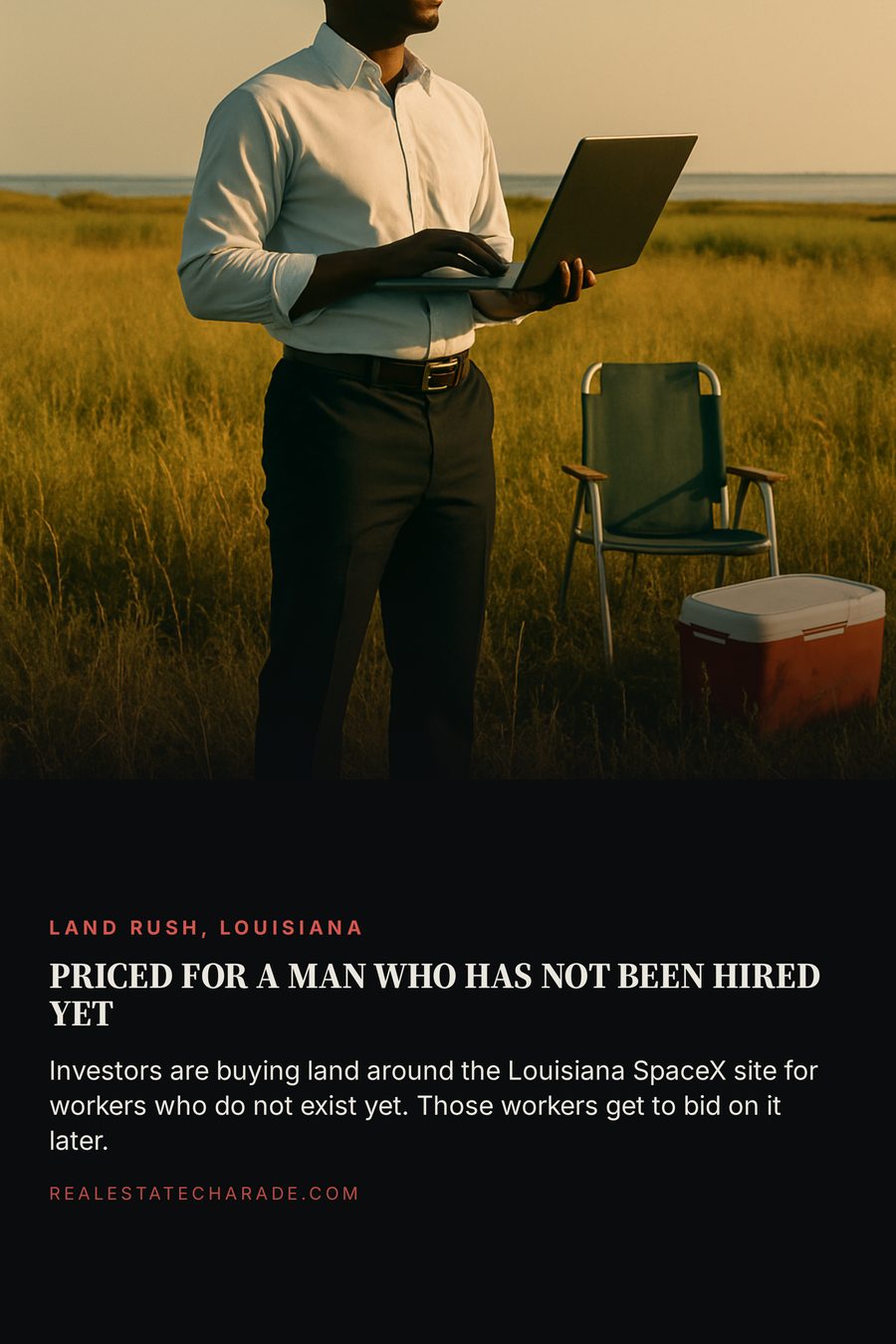 A man in office clothes stands in the middle of an empty overgrown field holding a laptop, with a lawn chair and cooler behind him. Headline reads priced for a man who has not been hired yet, with a line about investors buying land near the Louisiana SpaceX site.