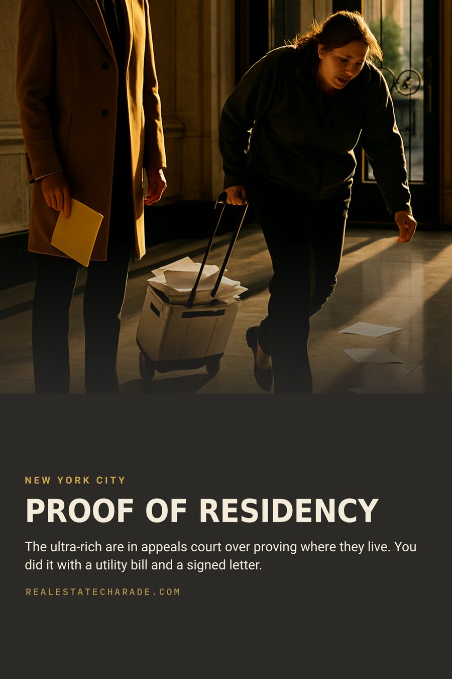 A man in a topcoat holding one thin folder stands in a marble lobby next to a woman dragging an overflowing box of paperwork. Headline reads Proof of Residency, with a line noting the ultra-rich are in appeals court over proving where they live while you did it with a utility bill.
