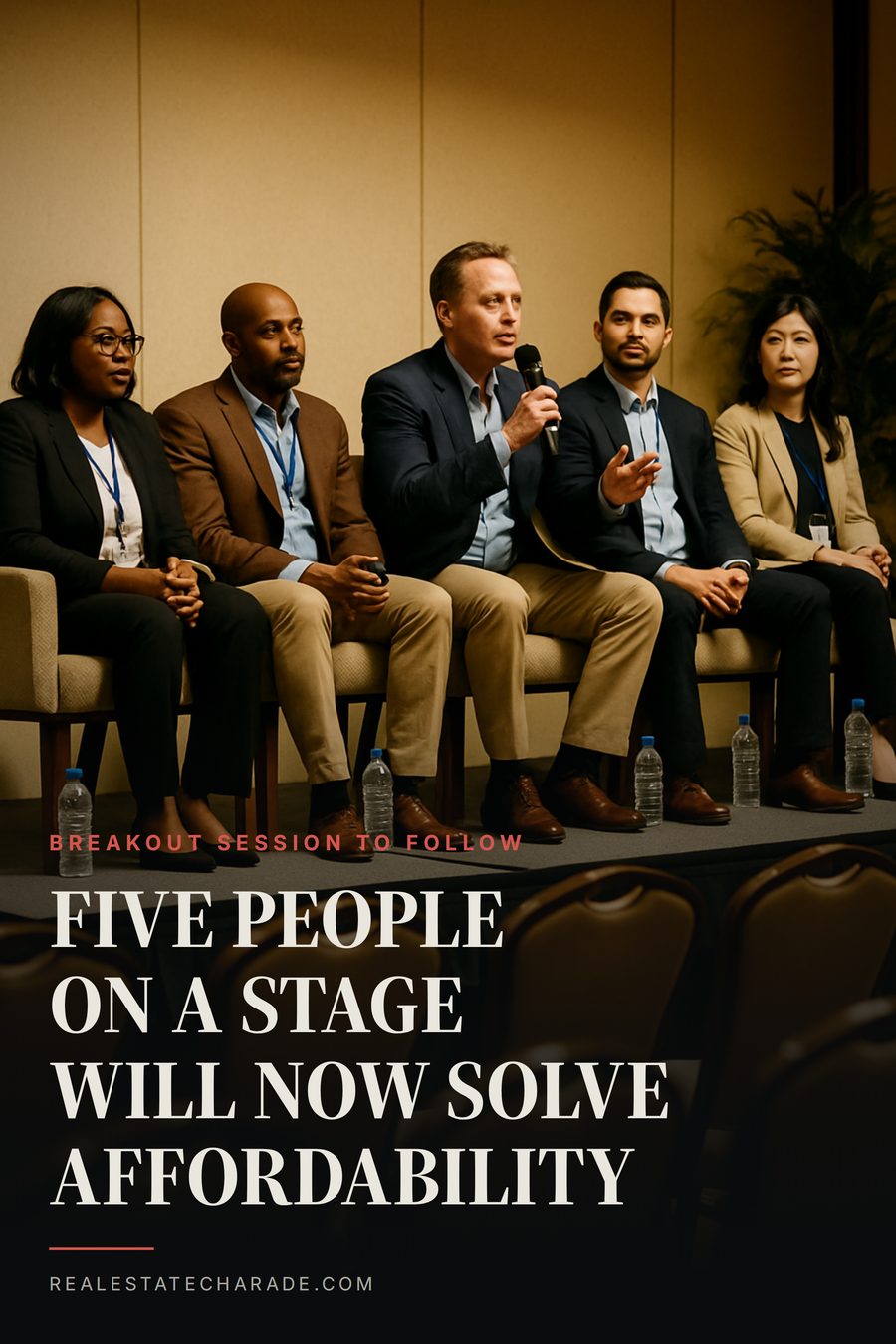Poster image: five people in blazers sit in low armchairs on a hotel ballroom stage in front of mostly empty seats. Headline reads that five people on a stage will now solve affordability, with a small line noting a breakout session to follow.