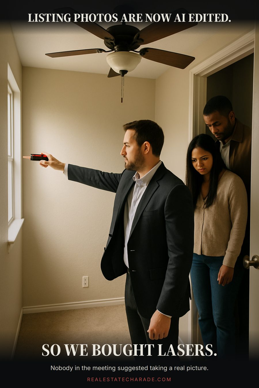 Meme image of an agent aiming a handheld laser measuring tool at the wall of a tiny empty bedroom while two buyers squeeze into the doorway. Caption above says listing photos are now AI edited; caption below says so we bought lasers, with a note that nobody in the meeting suggested taking a real picture.