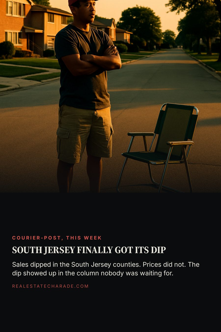 A man in cargo shorts and a red cap stands with folded arms in an empty suburban street beside a folding lawn chair. Headline reads South Jersey Finally Got Its Dip, with a line explaining sales dipped while prices did not.