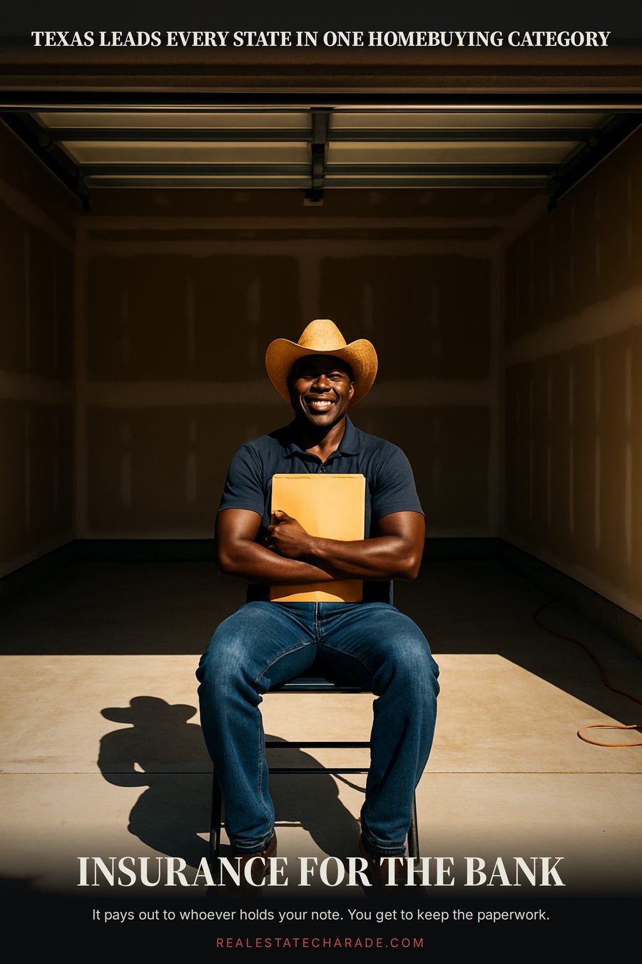 A proud person in a straw cowboy hat sits on a folding chair in the middle of an empty new-build garage, hugging a manila envelope. Caption above: Texas leads every state in one homebuying category. Below: Insurance for the bank.