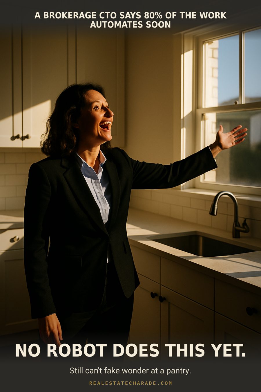 Meme image: an agent alone in an empty kitchen gestures at a window with an awed expression. Caption above says a brokerage CTO claims 80 percent of the work automates soon. Caption below reads 'No robot does this yet.' Sub-line: still can't fake wonder at a pantry.