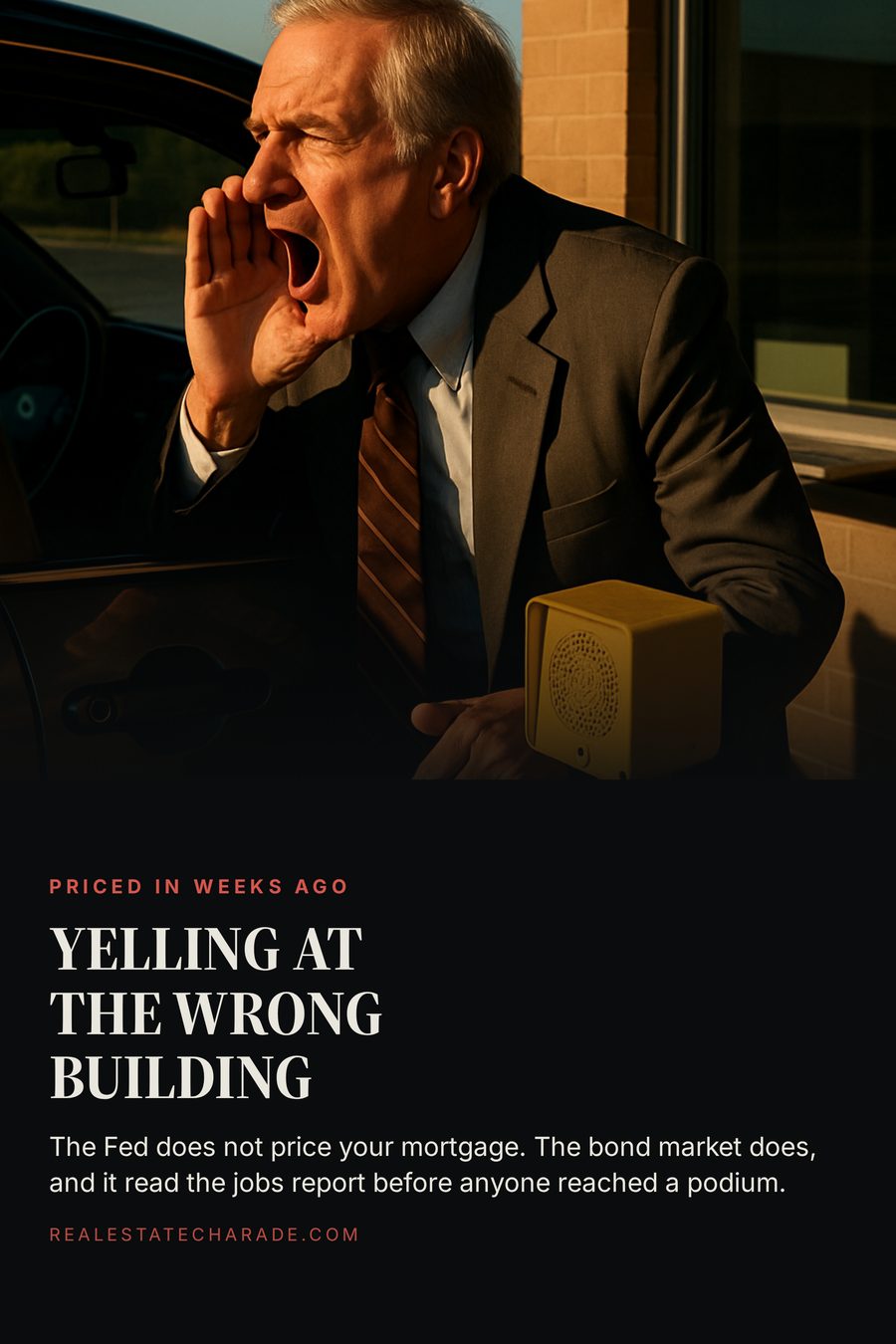 A man in a suit leans out of his car window shouting into a bank drive-through intercom in an empty lot at dawn. Headline reads yelling at the wrong building, with a line explaining that the bond market, not the Fed, prices your mortgage.