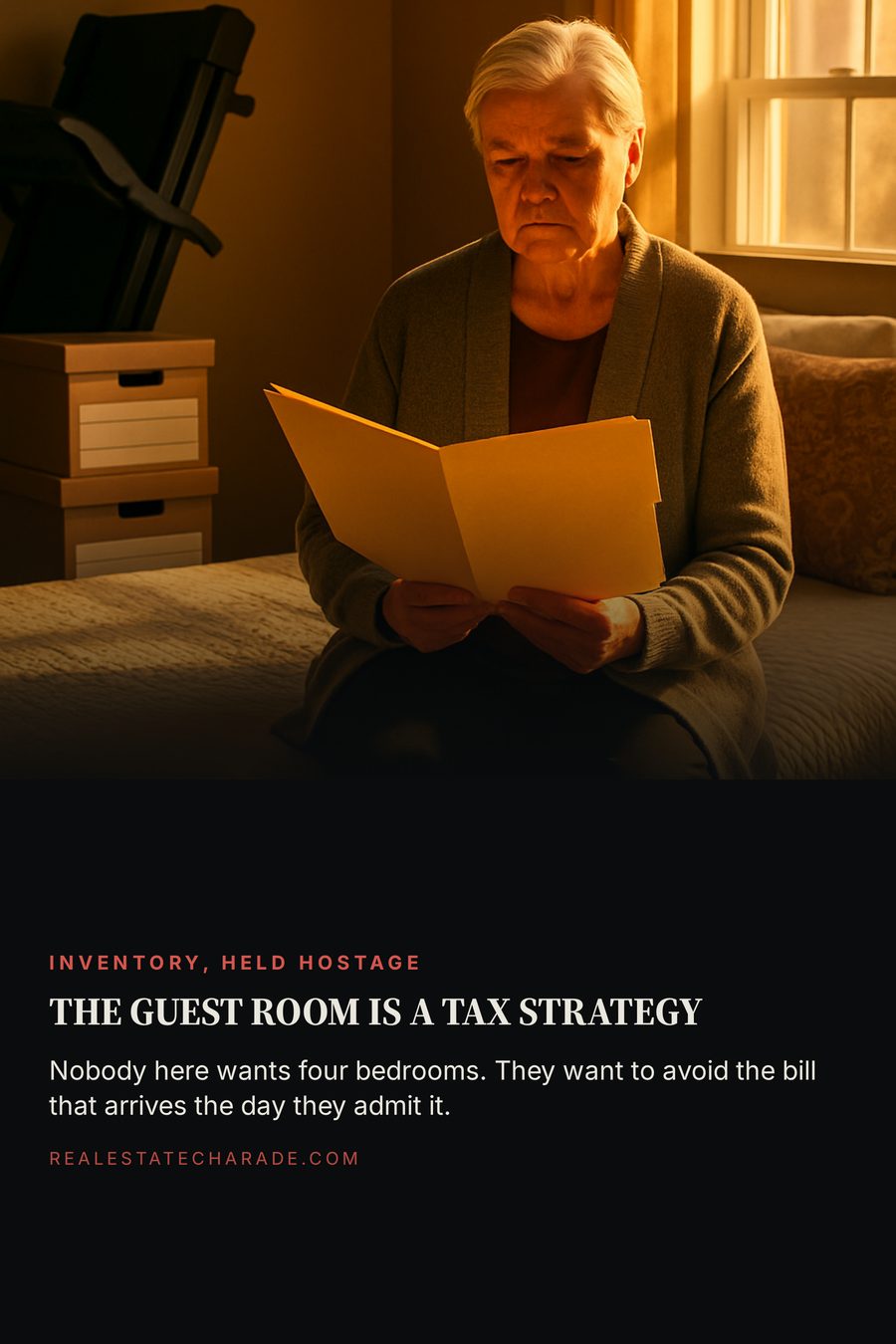 A person in their sixties sits on the edge of a perfectly made guest bed holding a manila folder with a flat expression. Text reads: the guest room is a tax strategy. Nobody here wants four bedrooms, they want to avoid the bill that arrives the day they admit it.