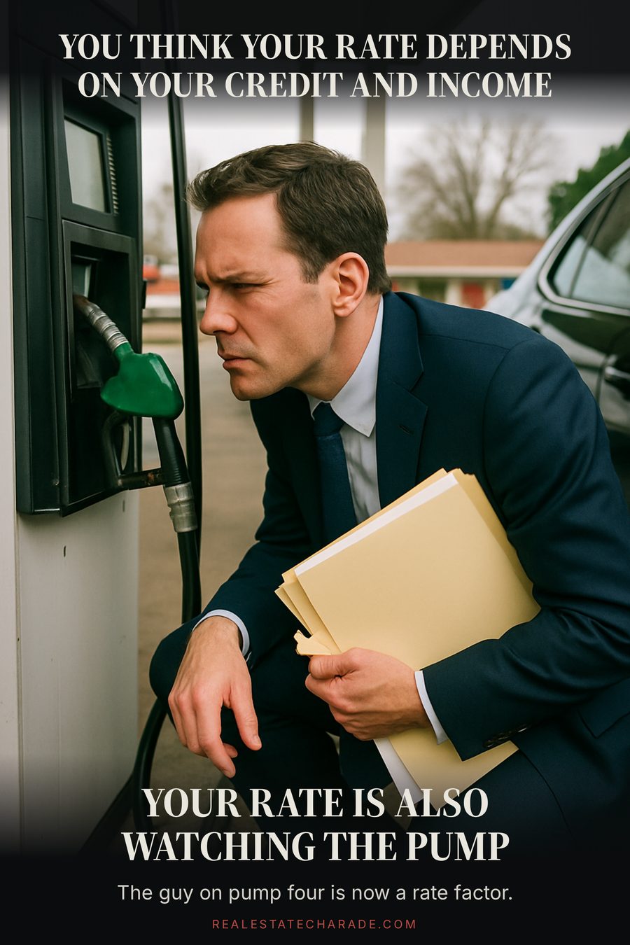 Meme image: a man in a business suit crouches nose-to-screen with a gas pump display while clutching a thick loan folder. Top caption says you think your rate depends on your credit and income; bottom caption says your rate is also watching the pump, with a smaller line adding that the guy on pump four is now a rate factor.