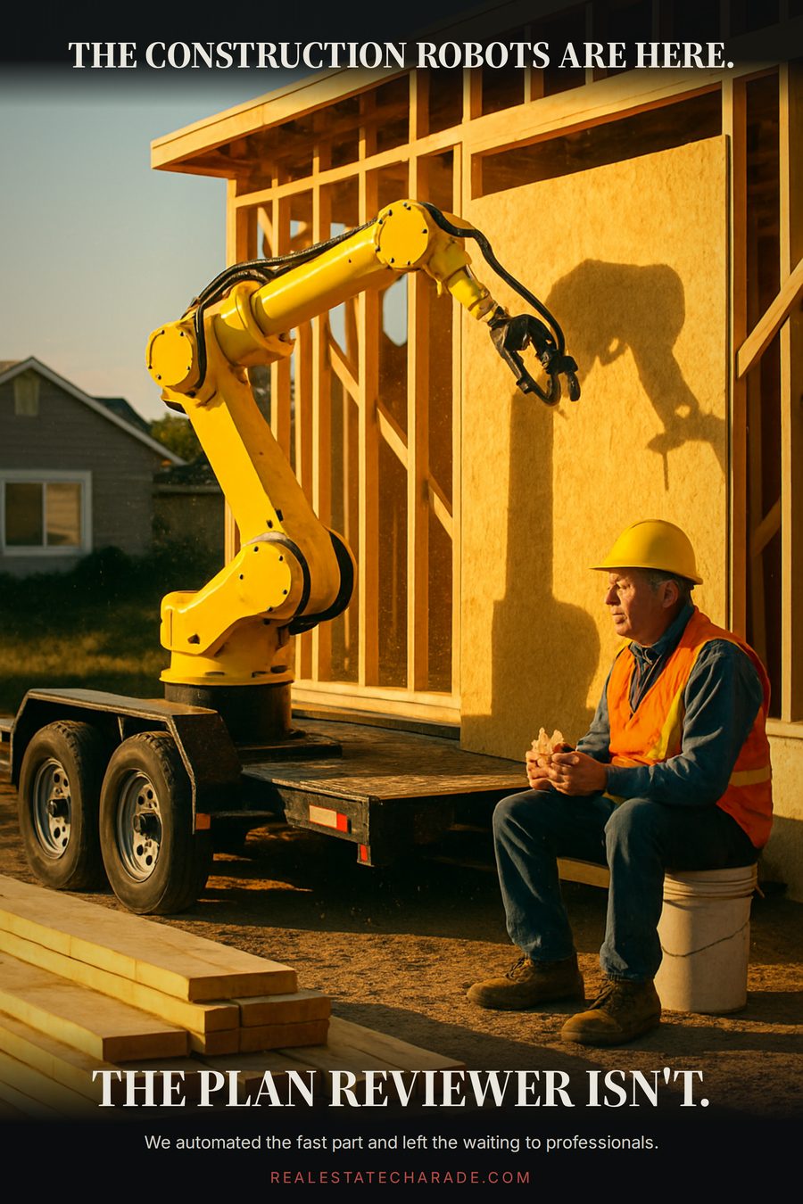 A yellow robotic arm works on a half-framed house while a worker in a hard hat sits on a bucket eating a sandwich and watching. Caption above says the construction robots are here; caption below says the plan reviewer is not.