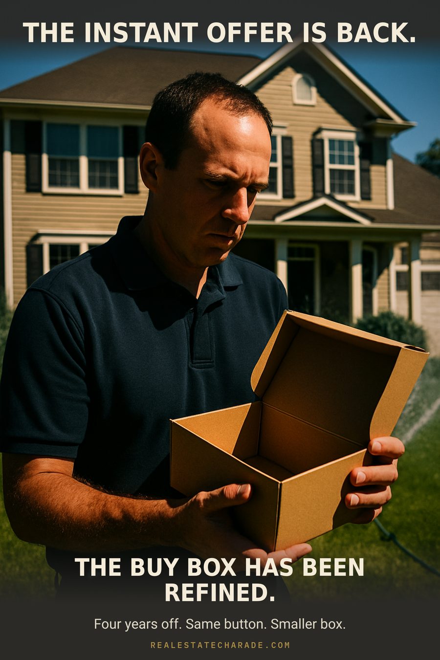 A man in a company polo stands on the lawn of a large suburban house, holding a small empty shoebox and staring into it seriously. Caption above: The instant offer is back. Below: The buy box has been refined.