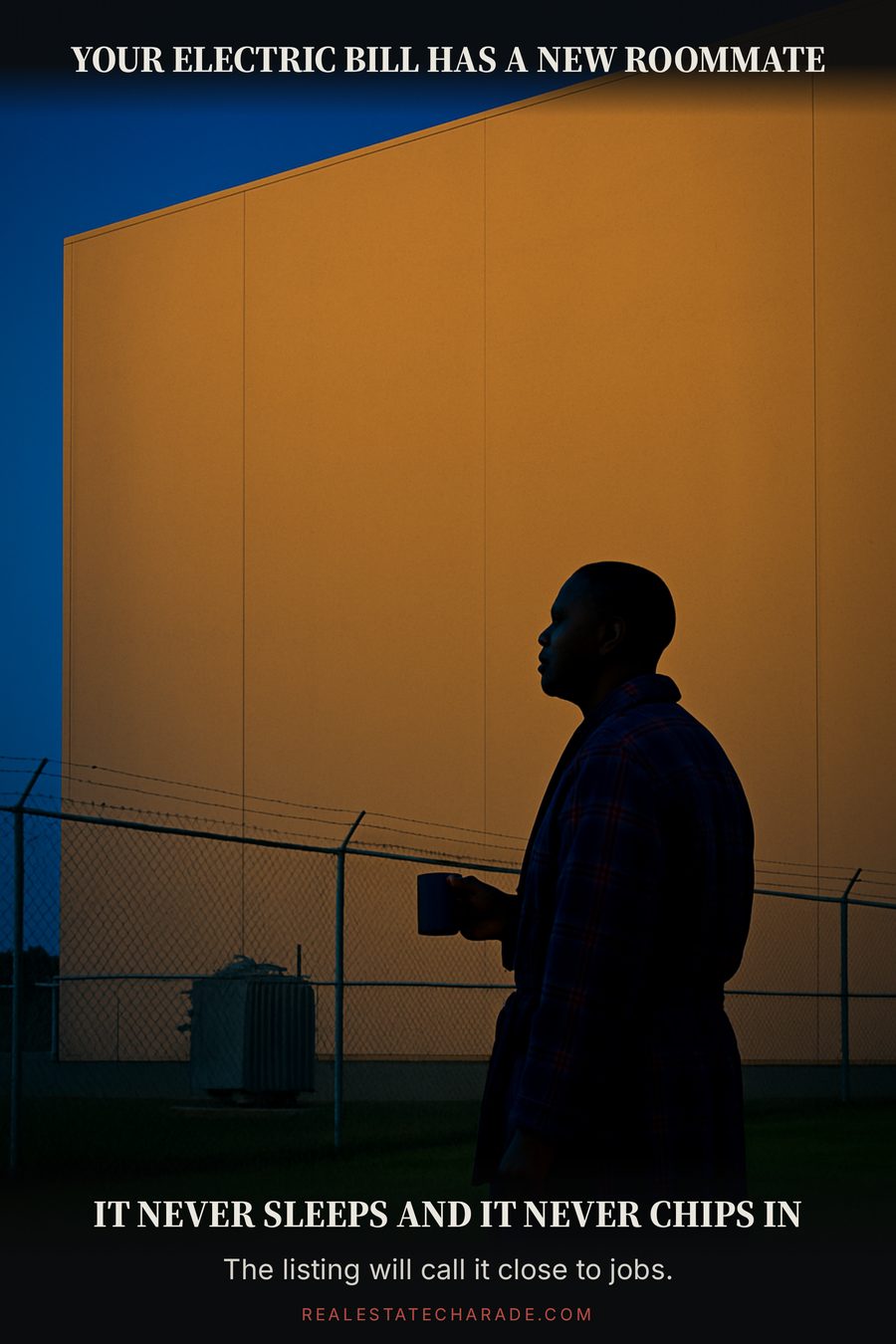 Meme graphic: a man in a bathrobe holding a coffee mug stares up at a huge windowless warehouse looming over his backyard fence at dusk. Caption above says his electric bill has a new roommate; caption below says it never sleeps and never chips in.