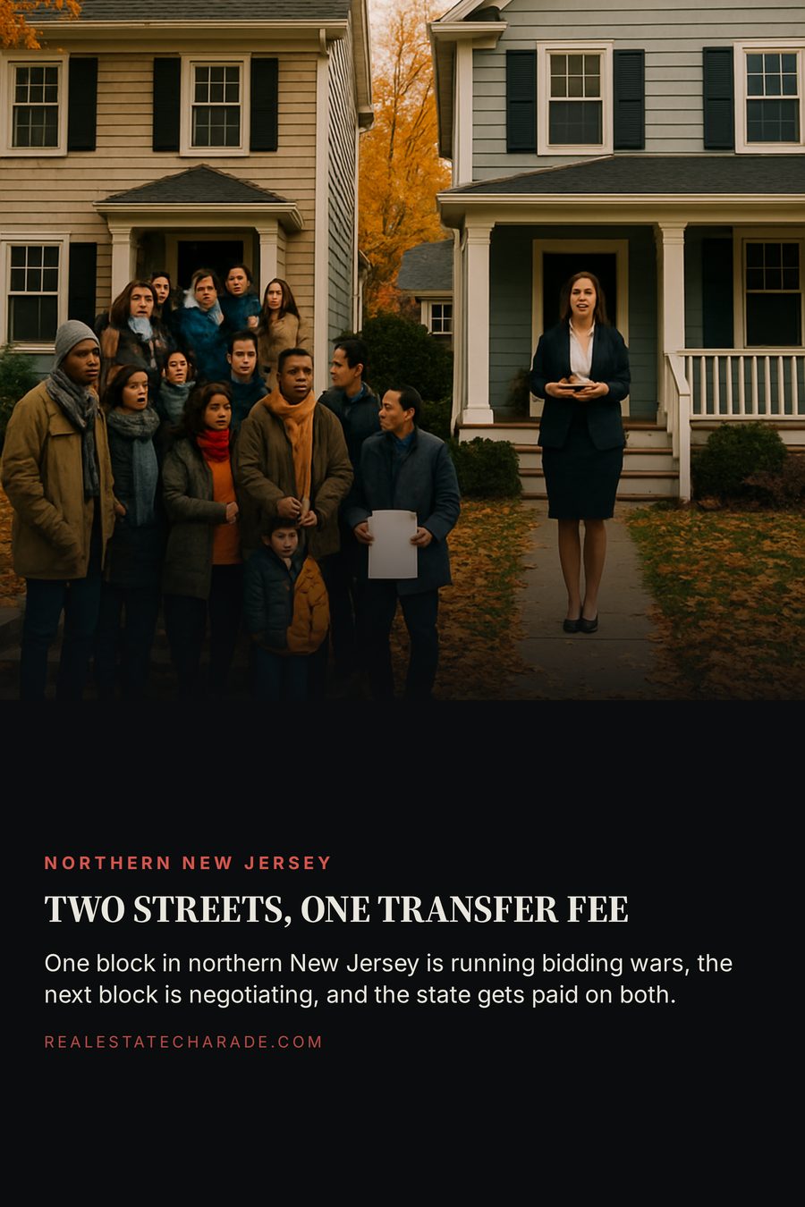 Photo of two neighboring suburban houses in autumn: one crowded with people on the front steps, the next with a single agent alone holding a plate of cookies. Headline reads Two Streets, One Transfer Fee.