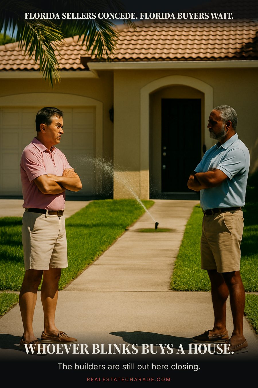 Meme layout. Photo of two men in golf polos standing at opposite ends of a long concrete driveway in bright Florida sun, arms crossed, staring each other down with a sprinkler running between them. Top caption reads Florida sellers concede, Florida buyers wait. Bottom caption reads Whoever blinks buys a house. Smaller line below reads The builders are still out here closing.