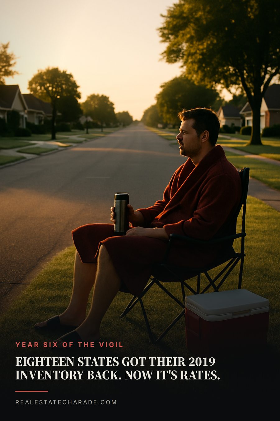 A man in a bathrobe sits in a folding camp chair on his front lawn at dawn with a cooler beside him, staring down an empty street. Text across the bottom reads that eighteen states got their 2019 inventory back, and now it's rates. A kicker reads: year six of the vigil.