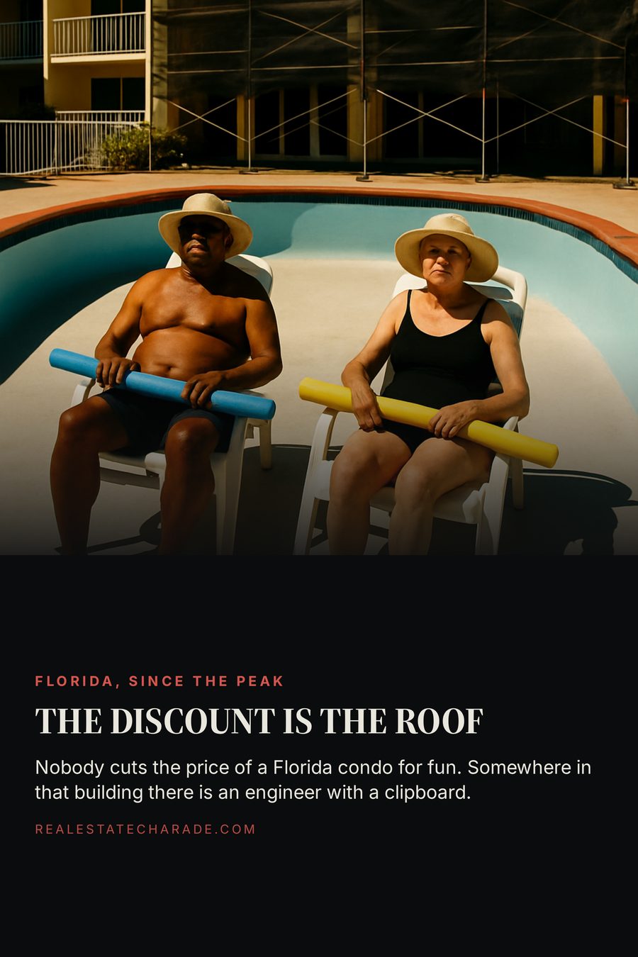 Two retirees in swimsuits and sun hats sit in lounge chairs at the bottom of a drained condo swimming pool with scaffolding on the building behind them. Headline reads 'The Discount Is The Roof' over a caption about engineers and price cuts.
