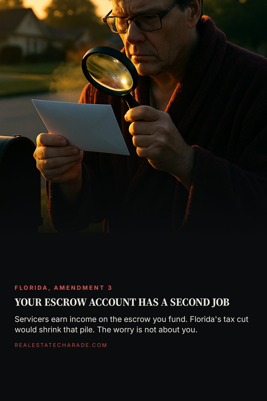 A person in a bathrobe at a mailbox at dawn examining an envelope with a magnifying glass. Text below reads: Your escrow account has a second job. Servicers earn income on the escrow you fund. Florida's tax cut would shrink that pile. The worry is not about you.