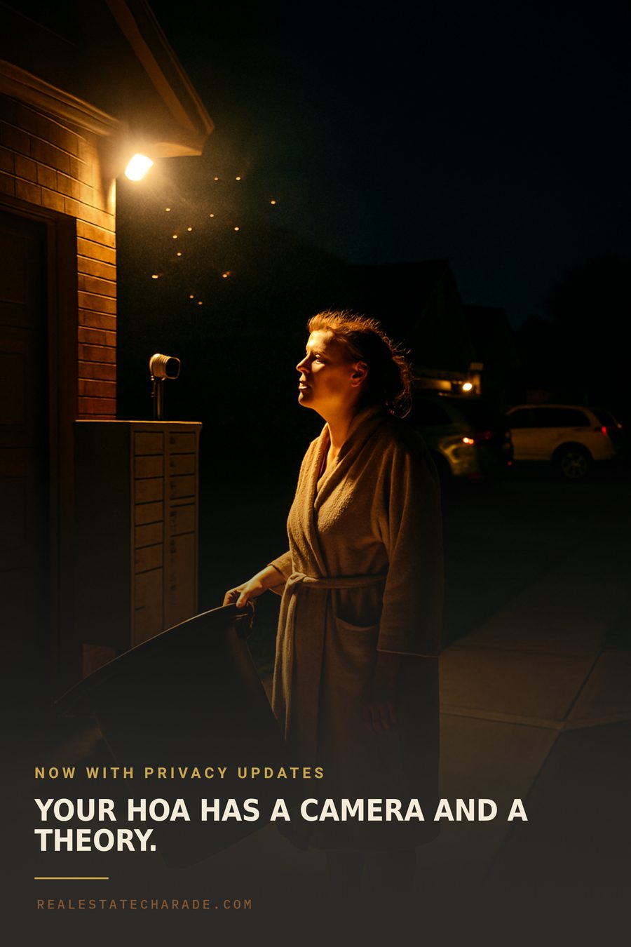 Night photo of a woman in a bathrobe at the end of a suburban driveway looking up at a small camera on a pole by the mailboxes. Bold text reads 'YOUR HOA HAS A CAMERA AND A THEORY' with a small line reading 'Now with privacy updates.'