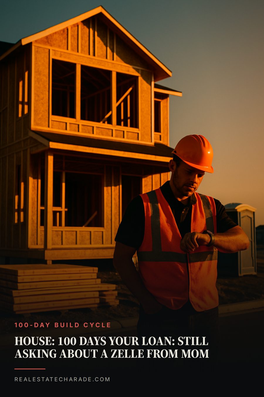 Poster graphic: a half-framed house at golden hour with a builder on the porch checking his watch. Text across the bottom reads that the house takes 100 days while your loan is still asking about a Zelle from mom. Small kicker reads 100-day build cycle.