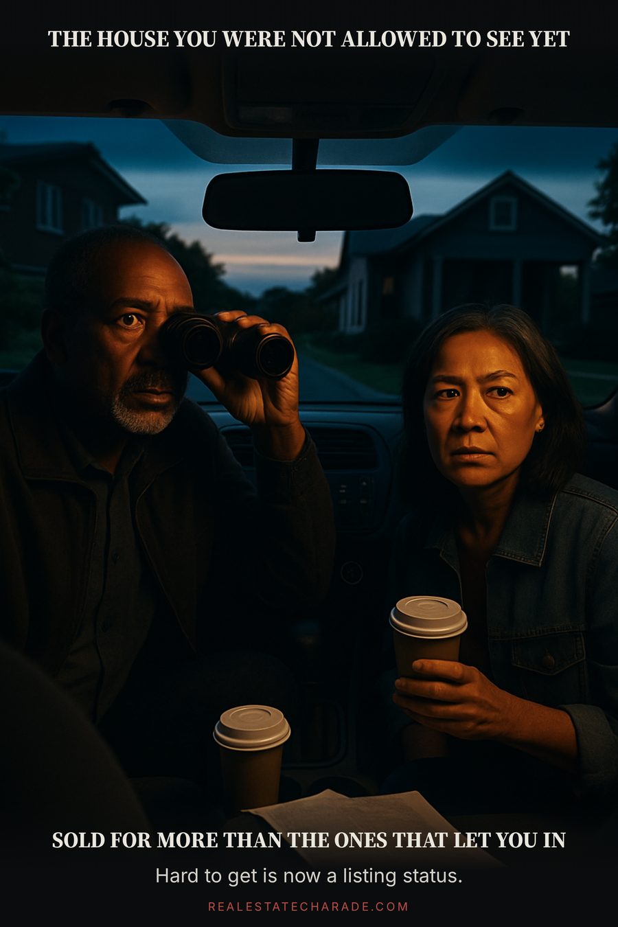 A couple sits in a parked car at dusk with binoculars, staring at a dark suburban house. Caption above reads the house you were not allowed to see yet; below, sold for more than the ones that let you in.