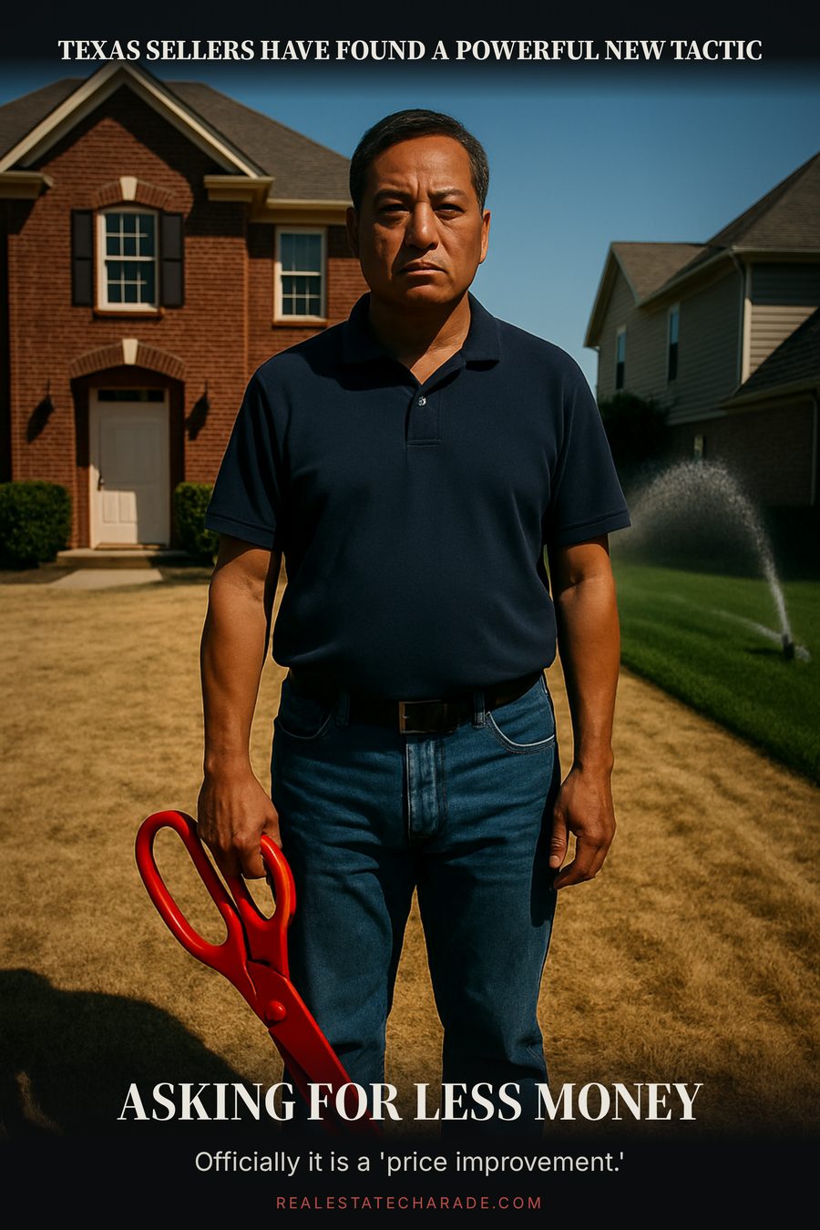 Meme: a man in a golf polo stands deadpan on a dry lawn in bright sun holding oversized novelty scissors. Top caption reads, Texas sellers have found a powerful new tactic. Bottom caption reads, Asking for less money. Below it, a line reads, Officially it is a price improvement.
