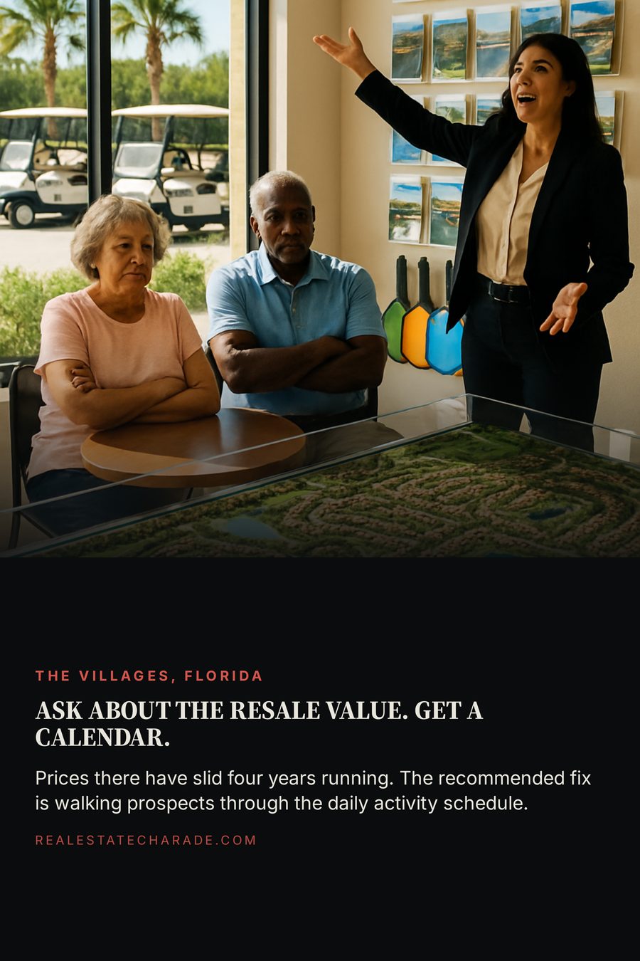 Photo of a real estate sales gallery with a scale model of a community, a salesperson gesturing at brochures and pickleball paddles, and a seated couple with folded arms. Below, a headline reads Ask about the resale value. Get a calendar, with a line noting prices have slid four years running and the recommended fix is the daily activity schedule.