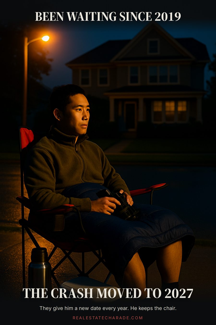 A man in a folding camp chair on a suburban sidewalk before dawn with a sleeping bag, thermos and binoculars, watching a house across the street. Caption above reads Been waiting since 2019, below reads The crash moved to 2027.