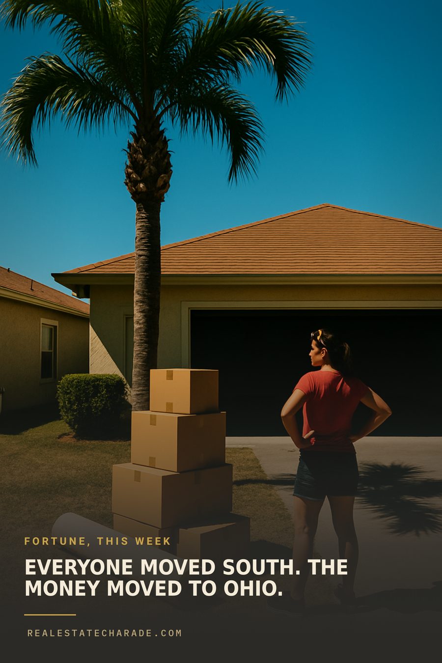 Poster image of a palm tree in a sun-bleached suburban front yard with moving boxes stacked on dry grass and a woman looking at them. Headline across the bottom reads everyone moved south, the money moved to Ohio, with a kicker citing Fortune this week.
